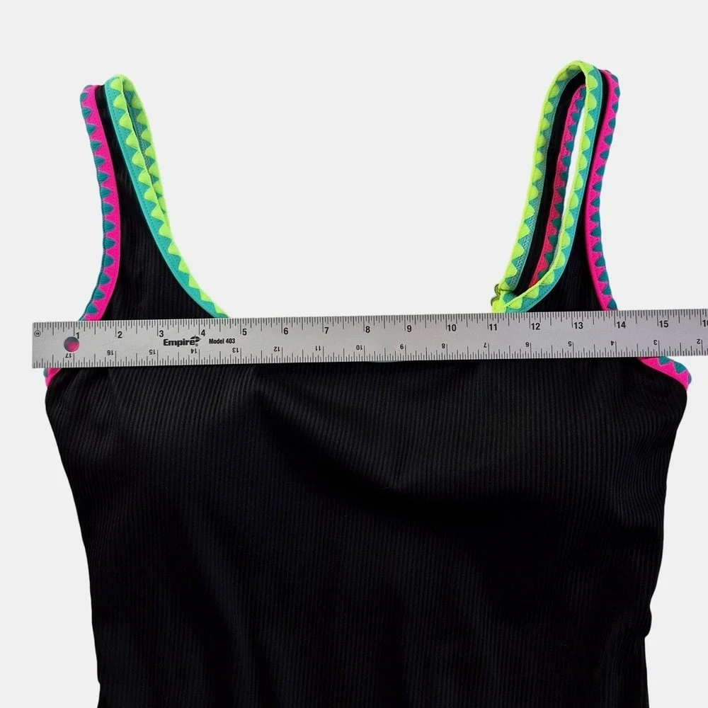 Popvil Womens One Piece Swimsuit Black Ribbed Neon Ric Rac Trim Size‎ Large - Picture 4 of 7